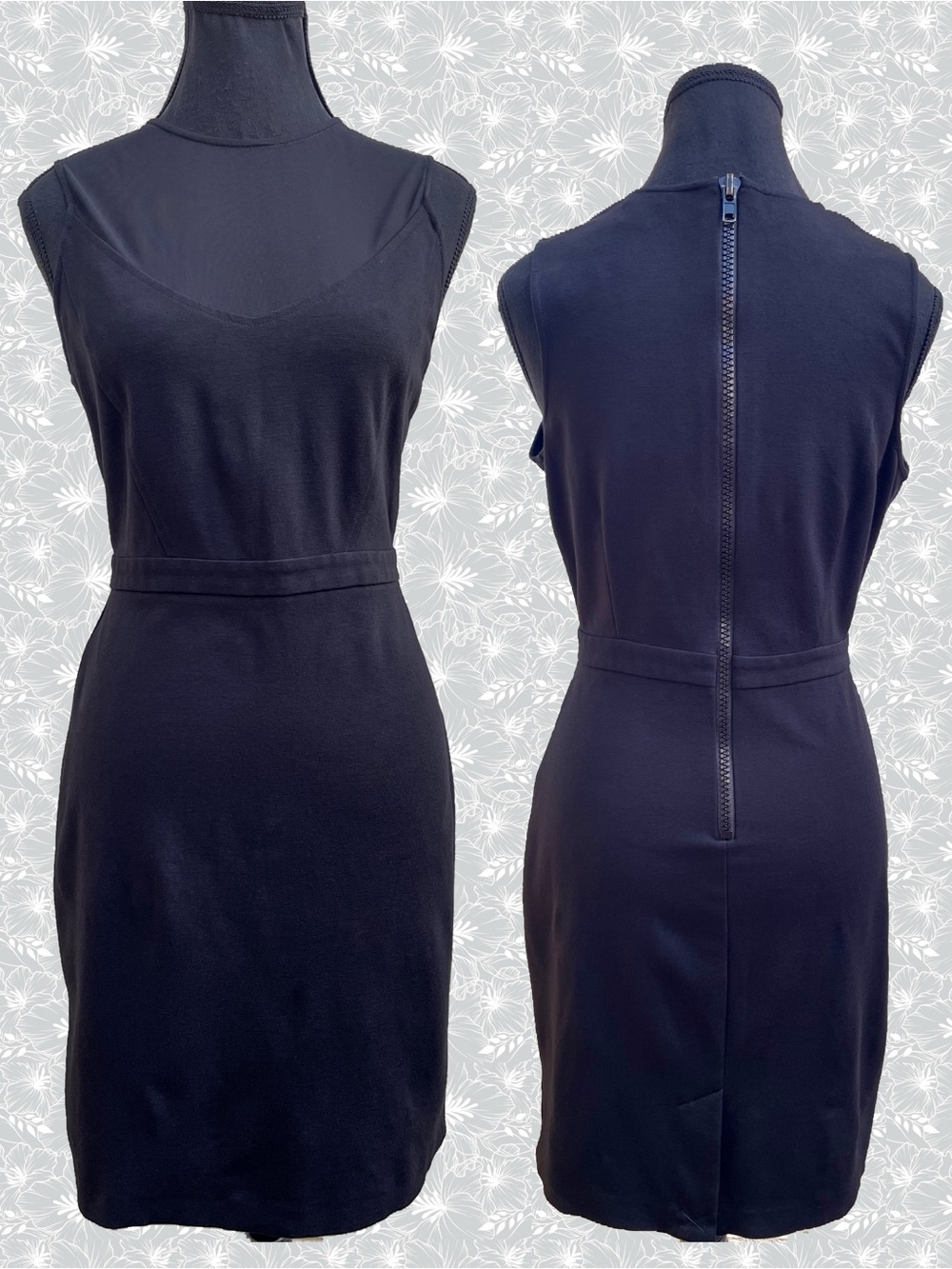 Boston Proper Classic Sheath Little Black Dress Illusion Mesh Neckline W8 GUC